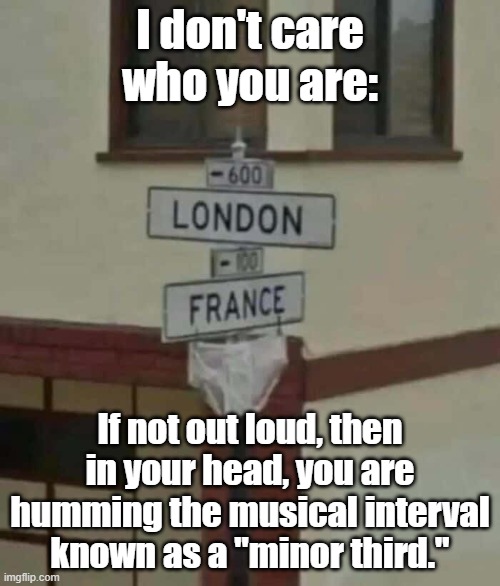 Well deaf people get a pass...but everyone else, yes. | I don't care who you are:; If not out loud, then in your head, you are humming the musical interval known as a "minor third." | image tagged in music joke | made w/ Imgflip meme maker