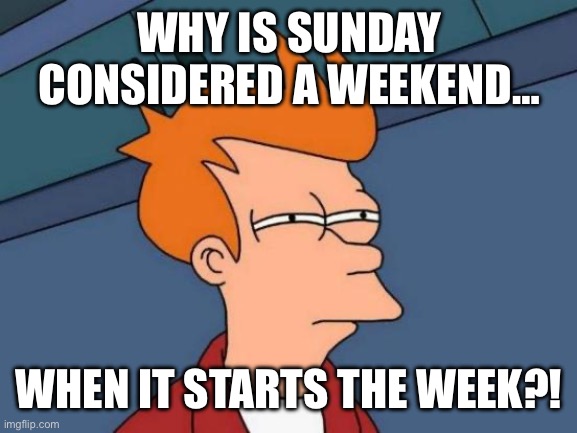 HOL UP BRUH | WHY IS SUNDAY CONSIDERED A WEEKEND…; WHEN IT STARTS THE WEEK?! | image tagged in memes,futurama fry | made w/ Imgflip meme maker