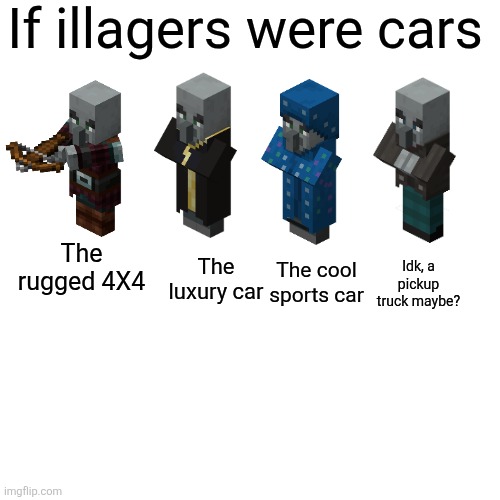 Blank Transparent Square Meme | If illagers were cars; The rugged 4X4; The luxury car; Idk, a pickup truck maybe? The cool sports car | image tagged in memes,blank transparent square | made w/ Imgflip meme maker