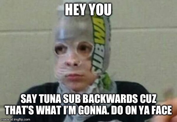 Subway Bag Kid | HEY YOU; SAY TUNA SUB BACKWARDS CUZ THAT’S WHAT I’M GONNA. DO ON YA FACE | image tagged in subway bag kid | made w/ Imgflip meme maker