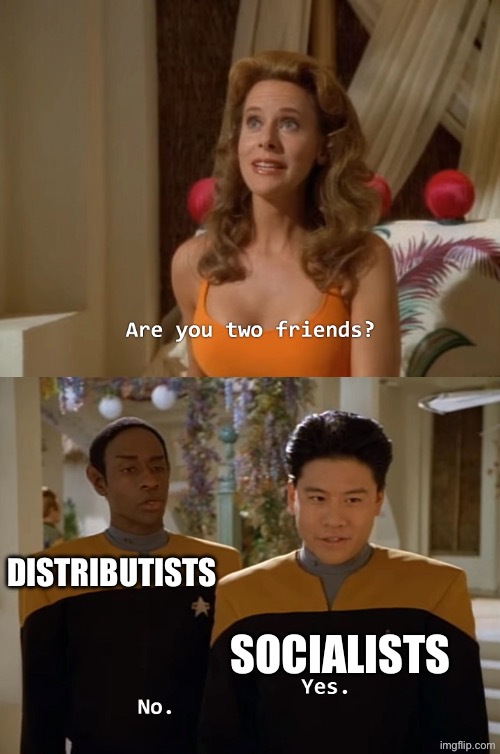 There is a difference | DISTRIBUTISTS; SOCIALISTS | image tagged in are you two friends,socialism,christian,distributism | made w/ Imgflip meme maker