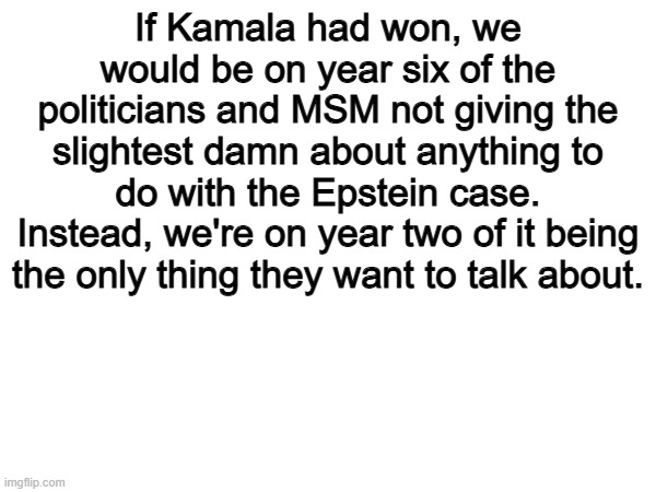 THIS | If Kamala had won, we would be on year six of the politicians and MSM not giving the slightest damn about anything to do with the Epstein case.
Instead, we're on year two of it being the only thing they want to talk about. | image tagged in memes,funny,politics,political meme,true | made w/ Imgflip meme maker