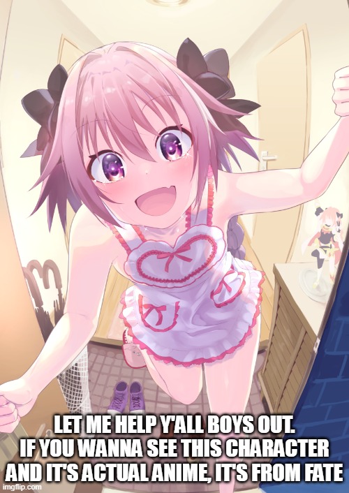 Fate/Apocrypha (miku: fixed it) | LET ME HELP Y'ALL BOYS OUT. IF YOU WANNA SEE THIS CHARACTER AND IT'S ACTUAL ANIME, IT'S FROM FATE | image tagged in pov astolfo | made w/ Imgflip meme maker
