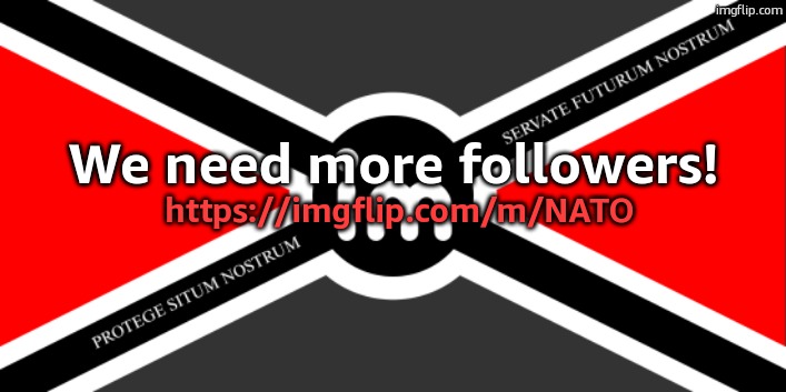 https://imgflip.com/m/NATO a follow is all i ask for, thank you | We need more followers! https://imgflip.com/m/NATO | image tagged in nato flag by noublacksmith | made w/ Imgflip meme maker
