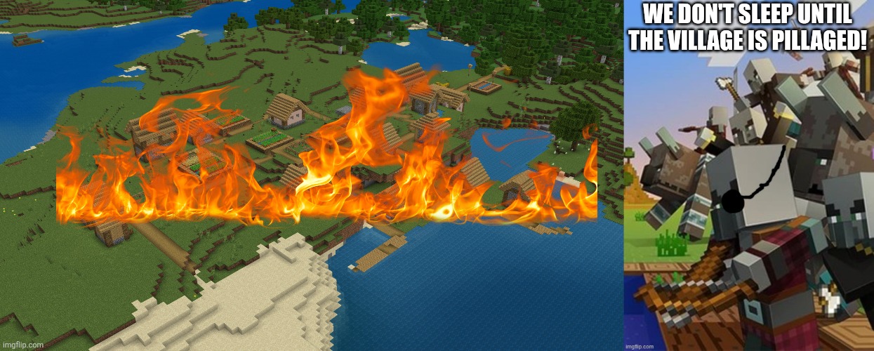 WE DON'T SLEEP UNTIL THE VILLAGE IS PILLAGED! | image tagged in minecraft village,illagers | made w/ Imgflip meme maker
