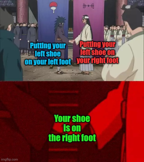 Right foot vs. Correct foot | Putting your left shoe on your right foot; Putting your left shoe on your left foot; Your shoe is on the right foot | image tagged in naruto handshake meme template,feet,shoes,left,right,puns | made w/ Imgflip meme maker