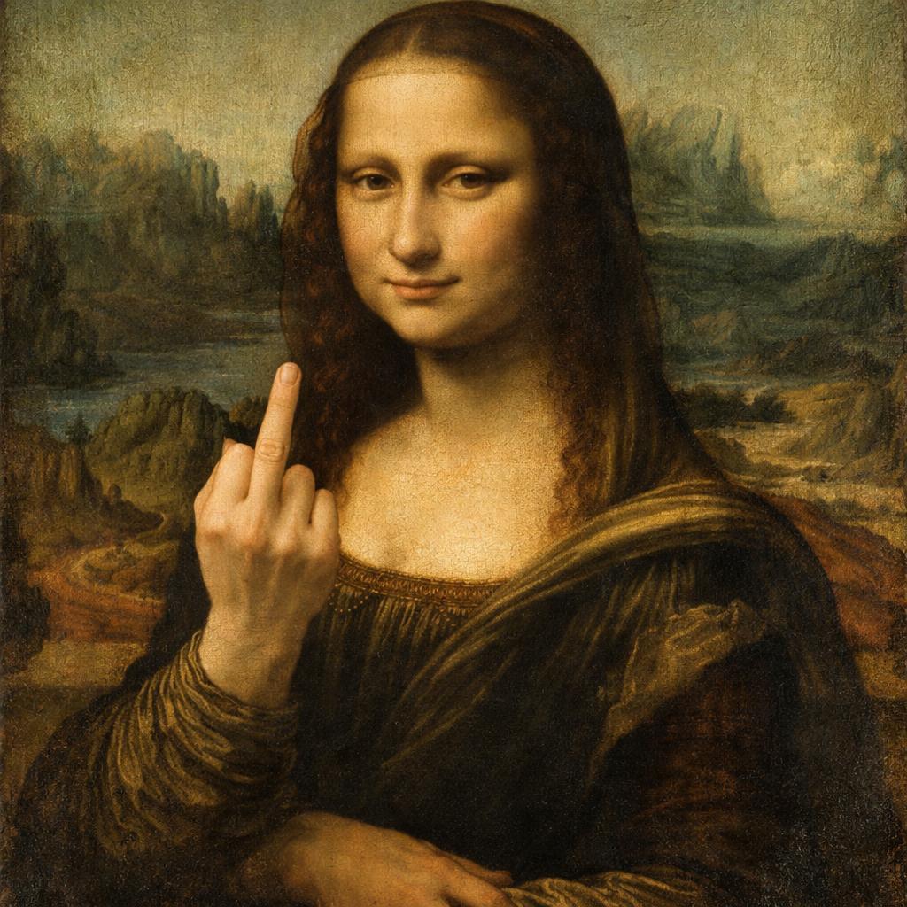 A beautiful rendering of a Mona Lisa esque woman giving the midd Blank Meme Template