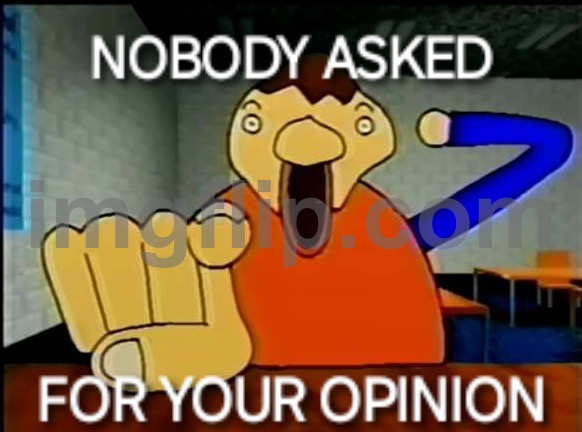 NOBODY ASKED FOR YOUR OPINION | image tagged in nobody asked for your opinion | made w/ Imgflip meme maker