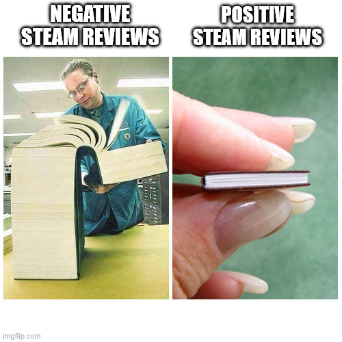 monster hunter wilds is one of the biggest offenders | POSITIVE STEAM REVIEWS; NEGATIVE STEAM REVIEWS | image tagged in big book vs little book,steam,gaming | made w/ Imgflip meme maker