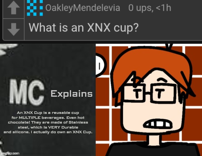 I HAVE created the XNX Cup, alongside everything else in the Mendelevia franchise. | Explains; An XNX Cup is a reusable cup for MULTIPLE beverages. Even hot chocolate! They are made of Stainless steel, which is VERY Durable and silicone. I actually do own an XNX Cup. | image tagged in mc says,xnx cup,mc,moscovio may | made w/ Imgflip meme maker