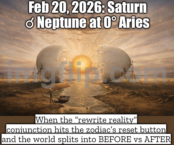 Saturn conjunct Neptune at 0° Aries: "New cycle unlocked. Old story wiped. Reality patch notes incoming." | Feb 20, 2026: Saturn ☌ Neptune at 0° Aries; When the “rewrite reality” conjunction hits the zodiac’s reset button and the world splits into BEFORE vs AFTER | image tagged in saturn conjunct neptune at 0 aries,2026,cycle,astrology,zodiac,prophecy | made w/ Imgflip meme maker
