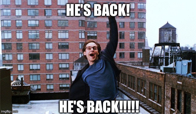Spider-Man I’m back | HE'S BACK! HE'S BACK!!!!! | image tagged in spider-man i m back | made w/ Imgflip meme maker