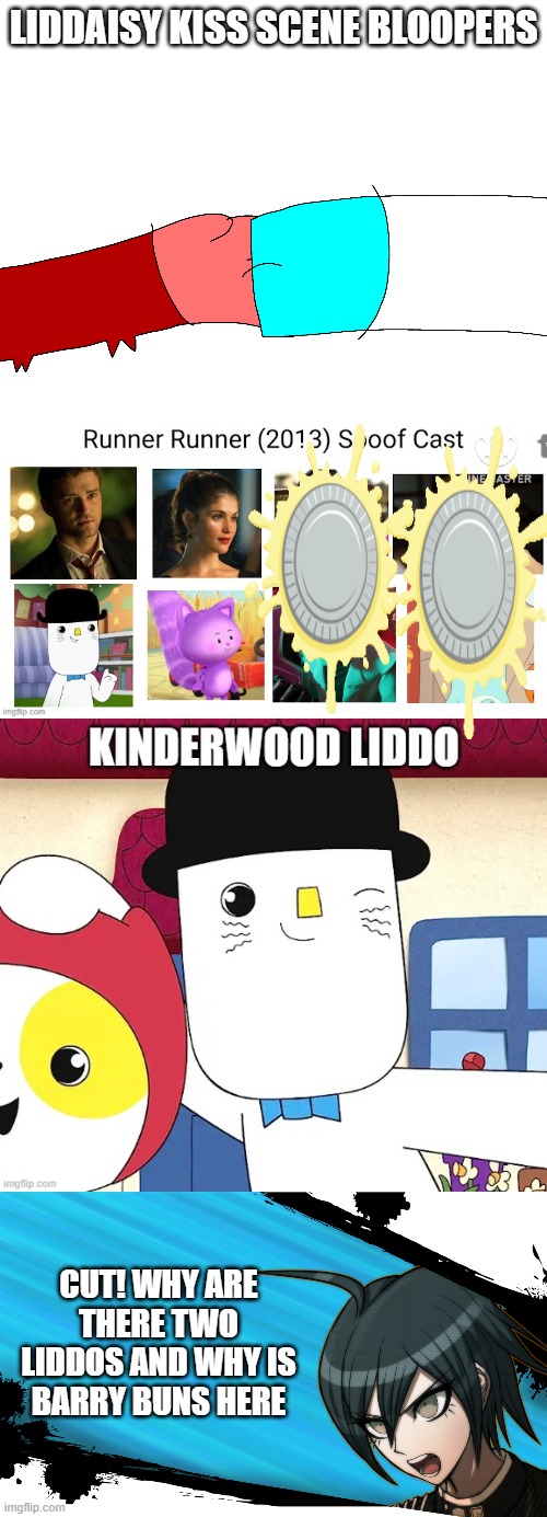 Lumity Bloopers be like: | LIDDAISY KISS SCENE BLOOPERS; CUT! WHY ARE THERE TWO LIDDOS AND WHY IS BARRY BUNS HERE | image tagged in the snack that smiles back,danganronpa,sybau,alright i get it,oh no | made w/ Imgflip meme maker
