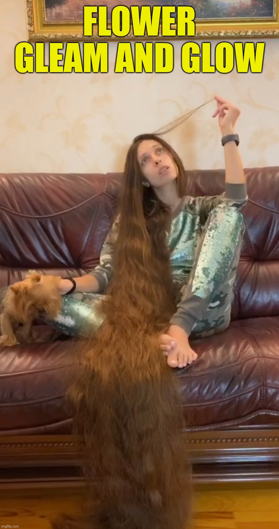 Rapunzel vibes | FLOWER GLEAM AND GLOW | image tagged in long hair | made w/ Imgflip meme maker