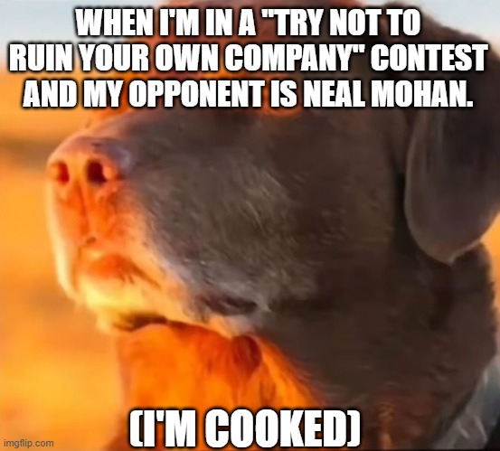 At least TRY Neal. | WHEN I'M IN A "TRY NOT TO RUIN YOUR OWN COMPANY" CONTEST AND MY OPPONENT IS NEAL MOHAN. (I'M COOKED) | image tagged in im cooked,youtube,neal mohan,funny,fun,dogs | made w/ Imgflip meme maker