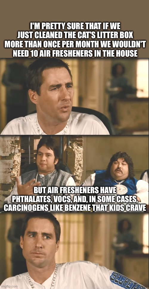 Idiocracy air fresheners | I'M PRETTY SURE THAT IF WE JUST CLEANED THE CAT'S LITTER BOX MORE THAN ONCE PER MONTH WE WOULDN'T NEED 10 AIR FRESHENERS IN THE HOUSE; BUT AIR FRESHENERS HAVE PHTHALATES, VOCS, AND, IN SOME CASES, CARCINOGENS LIKE BENZENE THAT KIDS CRAVE | image tagged in idiocracy brawndo has what plants crave it's got electrolytes,funny,memes,meme,health,healthy | made w/ Imgflip meme maker