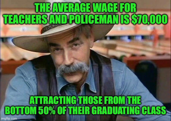 Sam Elliott special kind of stupid | THE AVERAGE WAGE FOR TEACHERS AND POLICEMAN IS $70,000; ATTRACTING THOSE FROM THE BOTTOM 50% OF THEIR GRADUATING CLASS | image tagged in sam elliott special kind of stupid | made w/ Imgflip meme maker