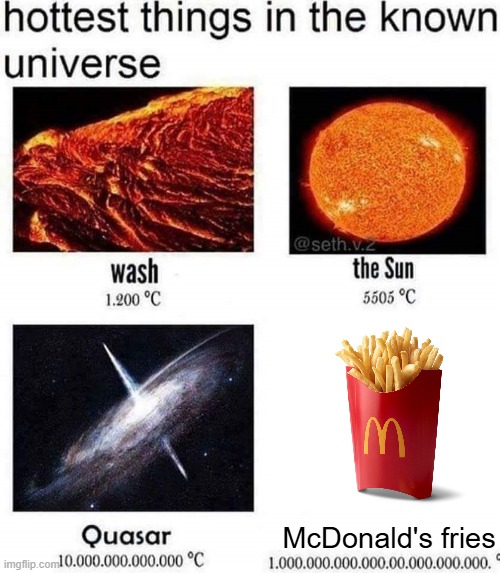 true | McDonald's fries | image tagged in hottest things in the known universe,mcdonalds | made w/ Imgflip meme maker