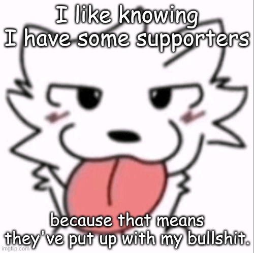 :p | I like knowing I have some supporters; because that means they've put up with my bullshit. | image tagged in p | made w/ Imgflip meme maker