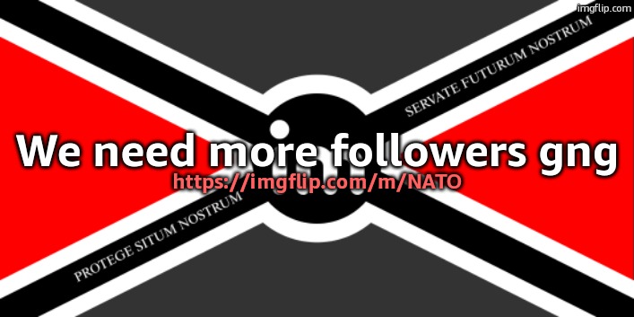 https://imgflip.com/m/NATO | We need more followers gng; https://imgflip.com/m/NATO | image tagged in nato flag by noublacksmith | made w/ Imgflip meme maker