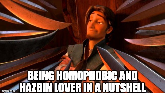#version2 | BEING HOMOPHOBIC AND HAZBIN LOVER IN A NUTSHELL | image tagged in flynn rider swords | made w/ Imgflip meme maker