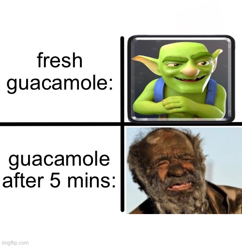 bre | fresh guacamole:; guacamole after 5 mins: | image tagged in memes,blank starter pack,funny,funny memes,relatable | made w/ Imgflip meme maker