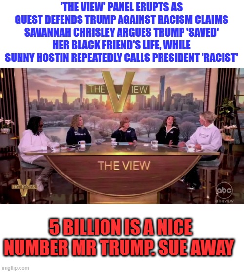 'THE VIEW' PANEL ERUPTS AS GUEST DEFENDS TRUMP AGAINST RACISM CLAIMS
SAVANNAH CHRISLEY ARGUES TRUMP 'SAVED' HER BLACK FRIEND'S LIFE, WHILE SUNNY HOSTIN REPEATEDLY CALLS PRESIDENT 'RACIST'; 5 BILLION IS A NICE NUMBER MR TRUMP. SUE AWAY | made w/ Imgflip meme maker