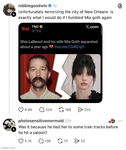 image tagged in shia labeouf,mia goth,train,train tracks,saloon,mustache | made w/ Imgflip meme maker