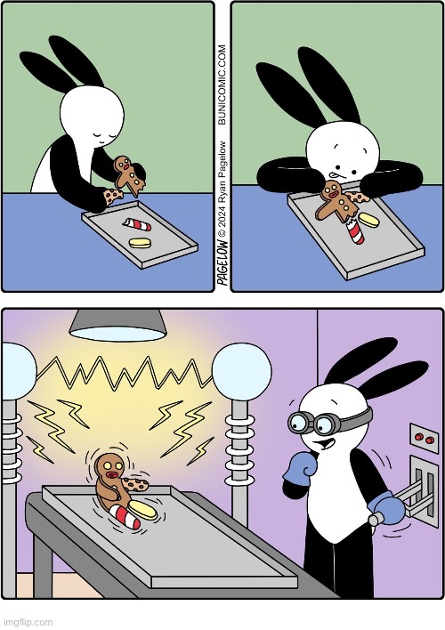 Buni Comics | image tagged in comics,buni comics,gingerbread man,limb replacement,back to life,a success | made w/ Imgflip meme maker