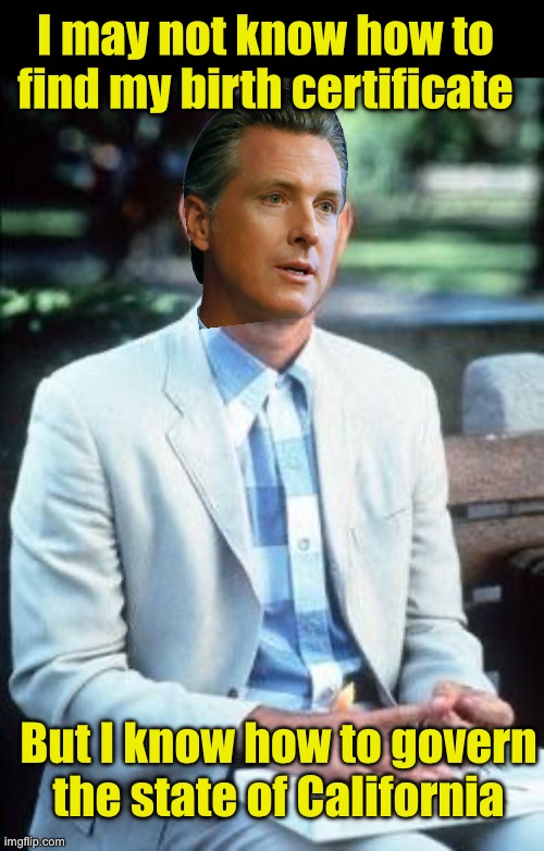 Not a smart man | I may not know how to find my birth certificate; But I know how to govern the state of California | image tagged in forest gump,gavin,voter fraud | made w/ Imgflip meme maker