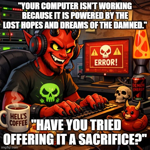 Your computer isn't working? | "YOUR COMPUTER ISN'T WORKING BECAUSE IT IS POWERED BY THE LOST HOPES AND DREAMS OF THE DAMNED."; "HAVE YOU TRIED OFFERING IT A SACRIFICE?" | image tagged in demon working in it | made w/ Imgflip meme maker