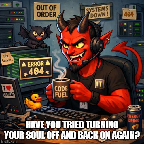 Having Issues? | HAVE YOU TRIED TURNING YOUR SOUL OFF AND BACK ON AGAIN? | image tagged in a demon working in it | made w/ Imgflip meme maker