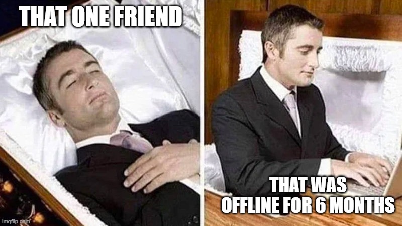 Man in coffin | THAT ONE FRIEND; THAT WAS OFFLINE FOR 6 MONTHS | image tagged in deceased man in coffin typing,meme,funny,sms,texts,true | made w/ Imgflip meme maker