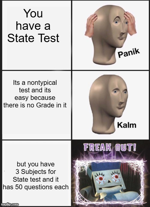Le State Test meme | You have a State Test; Its a nontypical test and its easy because there is no Grade in it; but you have 3 Subjects for State test and it has 50 questions each | image tagged in panik kalm freak out,state test | made w/ Imgflip meme maker