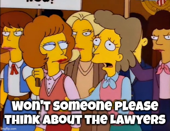 Helen Lovejoy - Won't someone PLEASE think of the children? | Won't someone please think about the Lawyers | image tagged in helen lovejoy - won't someone please think of the children | made w/ Imgflip meme maker