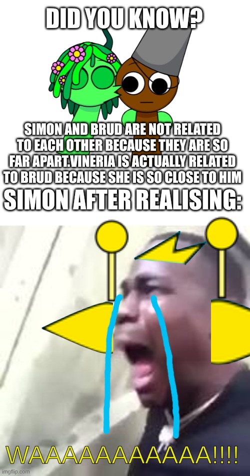 IT'S TRUE!!!!!!!! | DID YOU KNOW? SIMON AND BRUD ARE NOT RELATED TO EACH OTHER BECAUSE THEY ARE SO FAR APART.VINERIA IS ACTUALLY RELATED TO BRUD BECAUSE SHE IS SO CLOSE TO HIM; SIMON AFTER REALISING:; WAAAAAAAAAAA!!!! | image tagged in sprunki,black guy crying | made w/ Imgflip meme maker