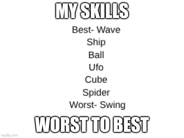 yeah | MY SKILLS; WORST TO BEST | image tagged in gd,skill,idk | made w/ Imgflip meme maker