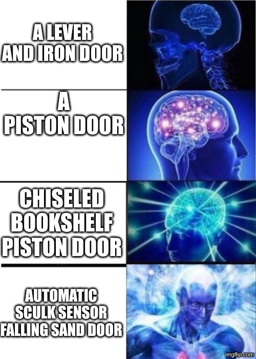 different types of redstone doors | A LEVER AND IRON DOOR; A PISTON DOOR; CHISELED BOOKSHELF PISTON DOOR; AUTOMATIC SCULK SENSOR FALLING SAND DOOR | image tagged in transcendence meme,minecraft,redstone,funny | made w/ Imgflip meme maker