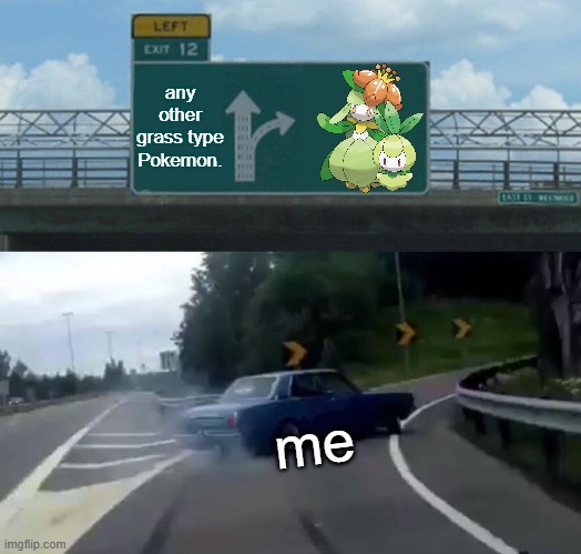 Me to the Lilligant evolutionary line. | any other grass type Pokemon. me | image tagged in memes,left exit 12 off ramp,pokemon | made w/ Imgflip meme maker