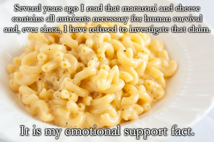 macaroni batman | Several years ago I read that macaroni and cheese contains all nutrients necessary for human survival and, ever since, I have refused to investigate that claim. It is my emotional support fact. | image tagged in macaroni batman | made w/ Imgflip meme maker