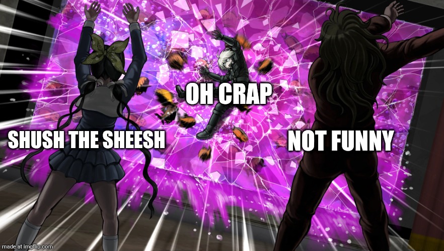 Gonta and Tenko throw K1-bo at glass | SHUSH THE SHEESH NOT FUNNY OH CRAP | image tagged in gonta and tenko throw k1-bo at glass | made w/ Imgflip meme maker