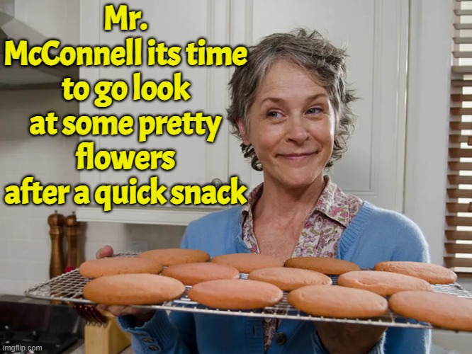 McConnell is The Walking Dead | Mr. McConnell its time to go look at some pretty flowers after a quick snack | image tagged in twd,the walking dead,mitch mcconnell,kentucky,zombies,save act | made w/ Imgflip meme maker