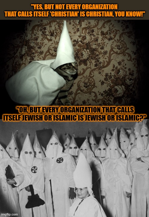 This #lolcat wonders if every organisation is always what it claims to be | "YES, BUT NOT EVERY ORGANIZATION 
THAT CALLS ITSELF 'CHRISTIAN' IS CHRISTIAN, YOU KNOW!"; "OH, BUT EVERY ORGANIZATION THAT CALLS ITSELF JEWISH OR ISLAMIC IS JEWISH OR ISLAMIC?" | image tagged in religion,ku klux klan,christianity,islamophobia,antisemitism,lolcat | made w/ Imgflip meme maker