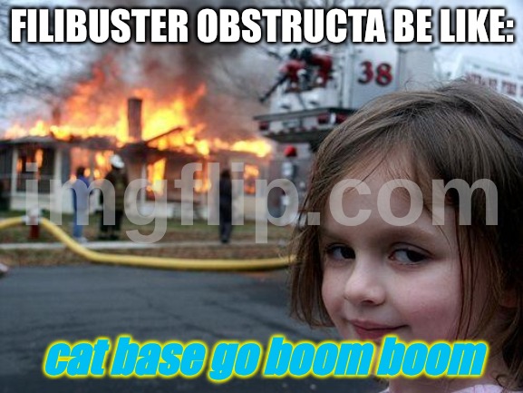 Disaster Girl | FILIBUSTER OBSTRUCTA BE LIKE:; cat base go boom boom | image tagged in memes,disaster girl,battle cats | made w/ Imgflip meme maker