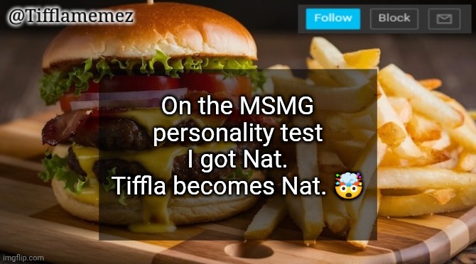 Quite unexpected | On the MSMG personality test I got Nat.
Tiffla becomes Nat. 🤯 | image tagged in tifflamemez burger and fries announcement template | made w/ Imgflip meme maker
