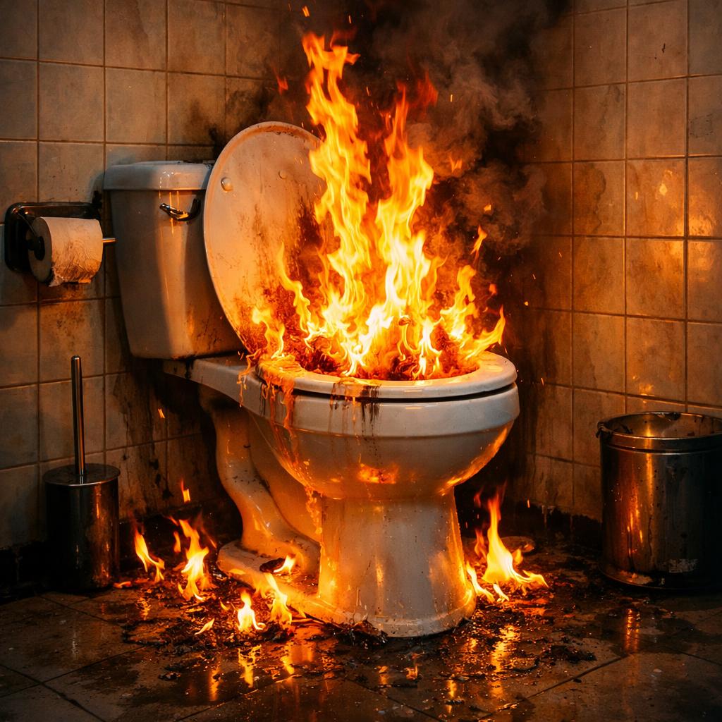 toilet on fire in a bathroom Blank Meme Template