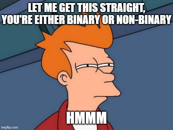 Futurama Fry Meme | LET ME GET THIS STRAIGHT, YOU'RE EITHER BINARY OR NON-BINARY HMMM | image tagged in memes,futurama fry | made w/ Imgflip meme maker