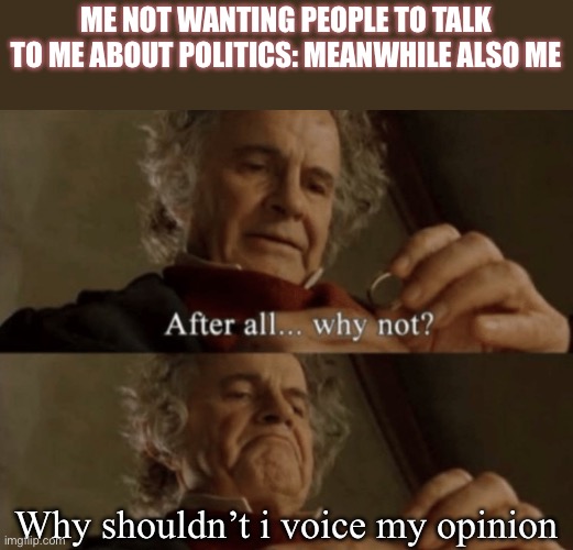 why do I do this?:/ | ME NOT WANTING PEOPLE TO TALK TO ME ABOUT POLITICS: MEANWHILE ALSO ME; Why shouldn’t i voice my opinion | image tagged in after all why not | made w/ Imgflip meme maker