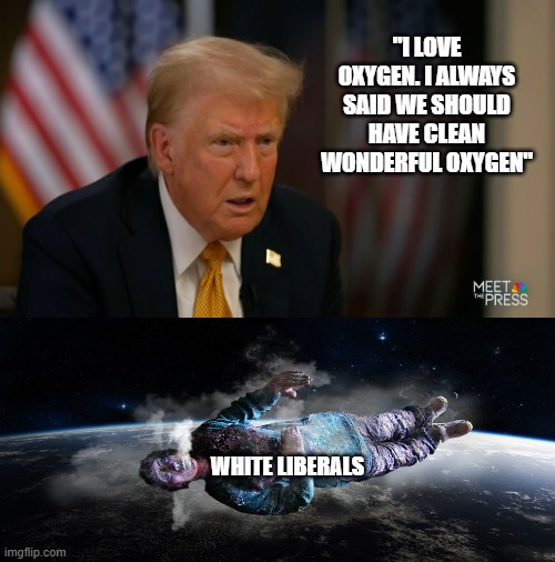 "This will sure show those MAGAts!" | "I LOVE OXYGEN. I ALWAYS SAID WE SHOULD HAVE CLEAN WONDERFUL OXYGEN"; WHITE LIBERALS | image tagged in donald trump,democrats,leftists,political meme,politics lol | made w/ Imgflip meme maker