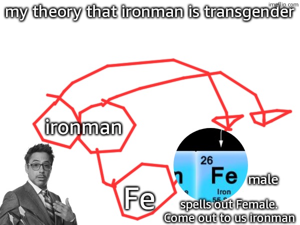 my theory that ironman is transgender; ironman; male; Fe; spells out Female. Come out to us ironman | made w/ Imgflip meme maker